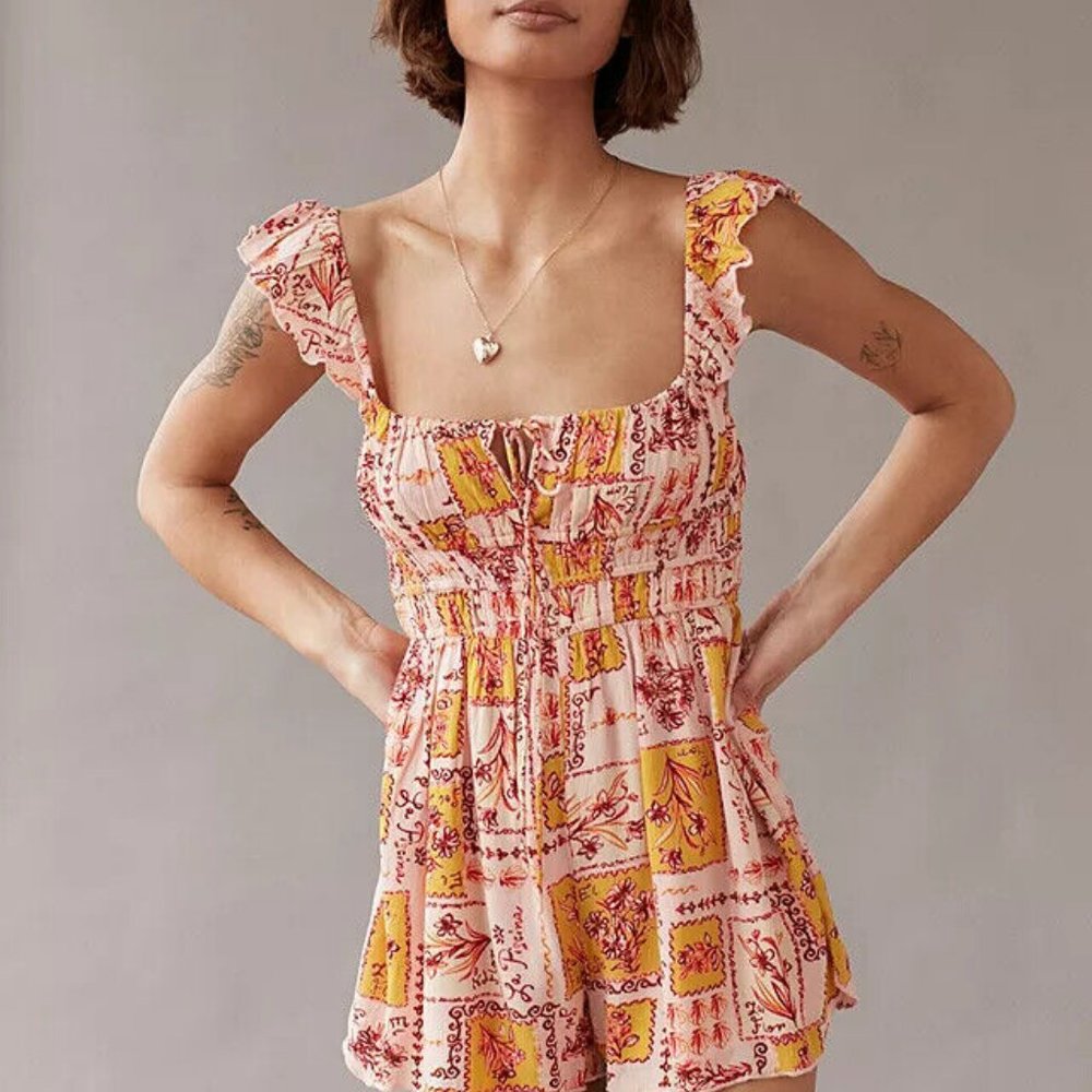 UO Rockaway Smocked Romper Urban Outfitters Gold New